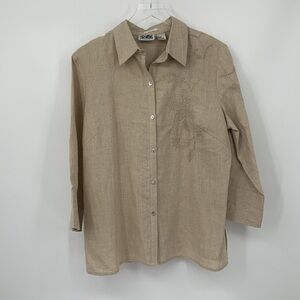 Edward Irish Linen shirt blouse top button front tan brown embroidery thistle L